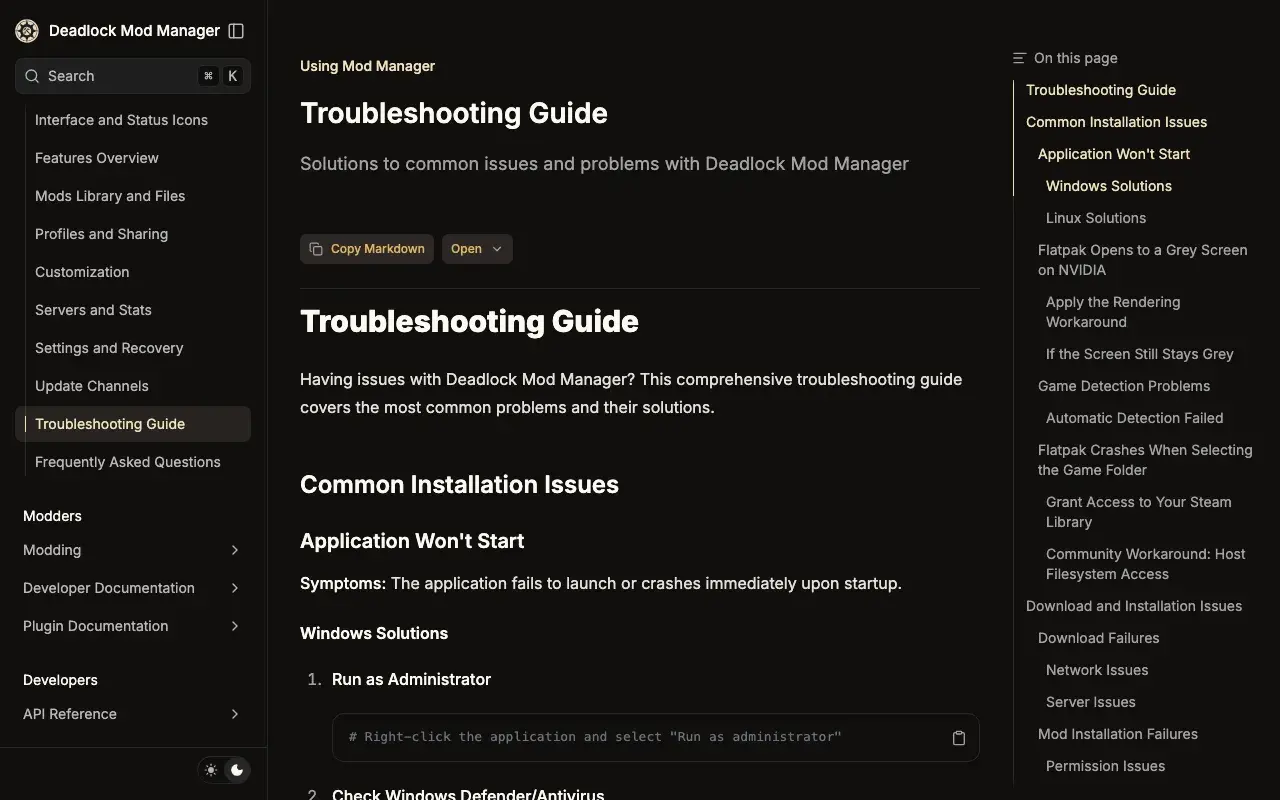 The Troubleshooting Guide page in the Deadlock Mod Manager docs, with its list of sections