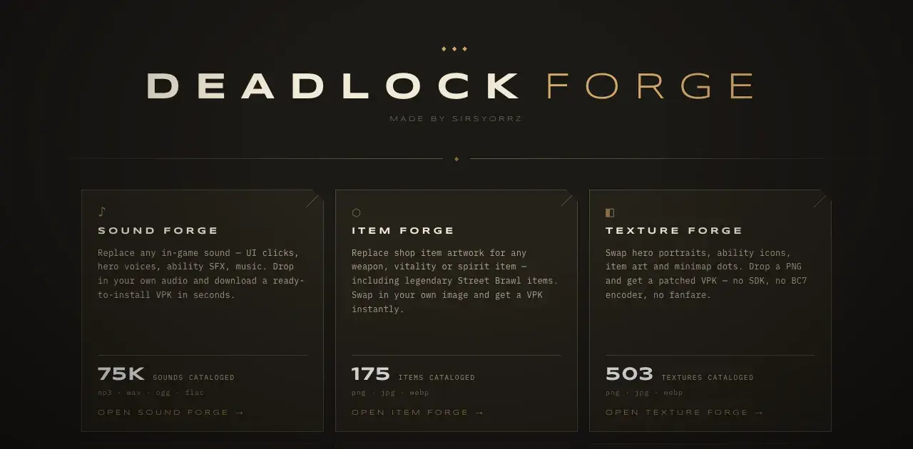 The Deadlock Forge home page with three tools: Sound Forge, Item Forge, and Texture Forge