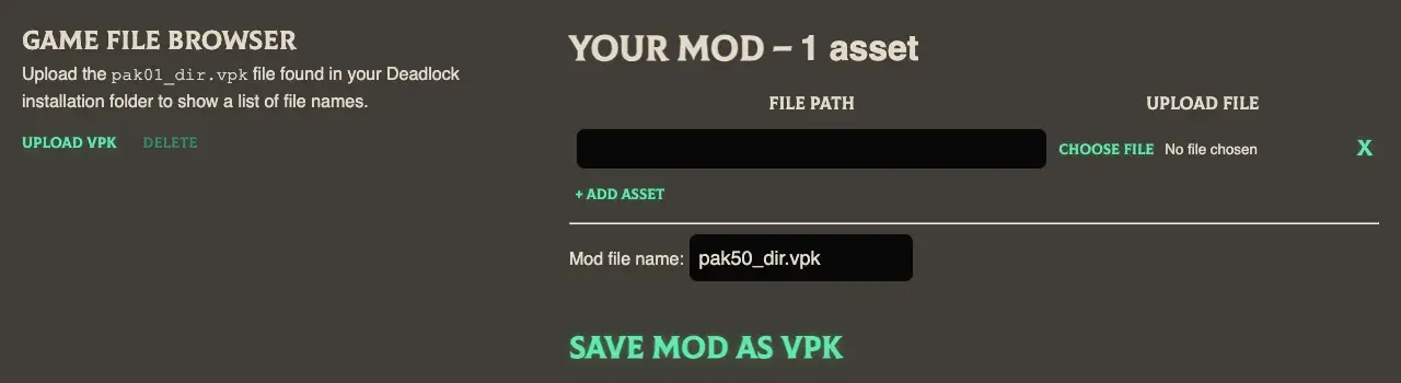 The DeadMod page with a file path field, a Choose file button, the mod file name, and Save mod as VPK