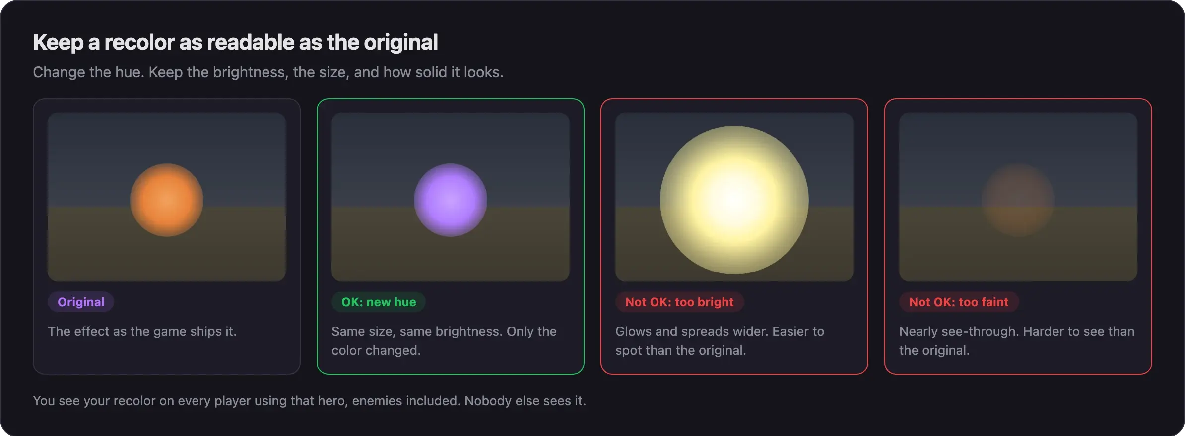 Four swatches: the original orange effect, an OK purple recolor with the same size and brightness, a not OK version that is much brighter and bigger, and a not OK version that is nearly see-through