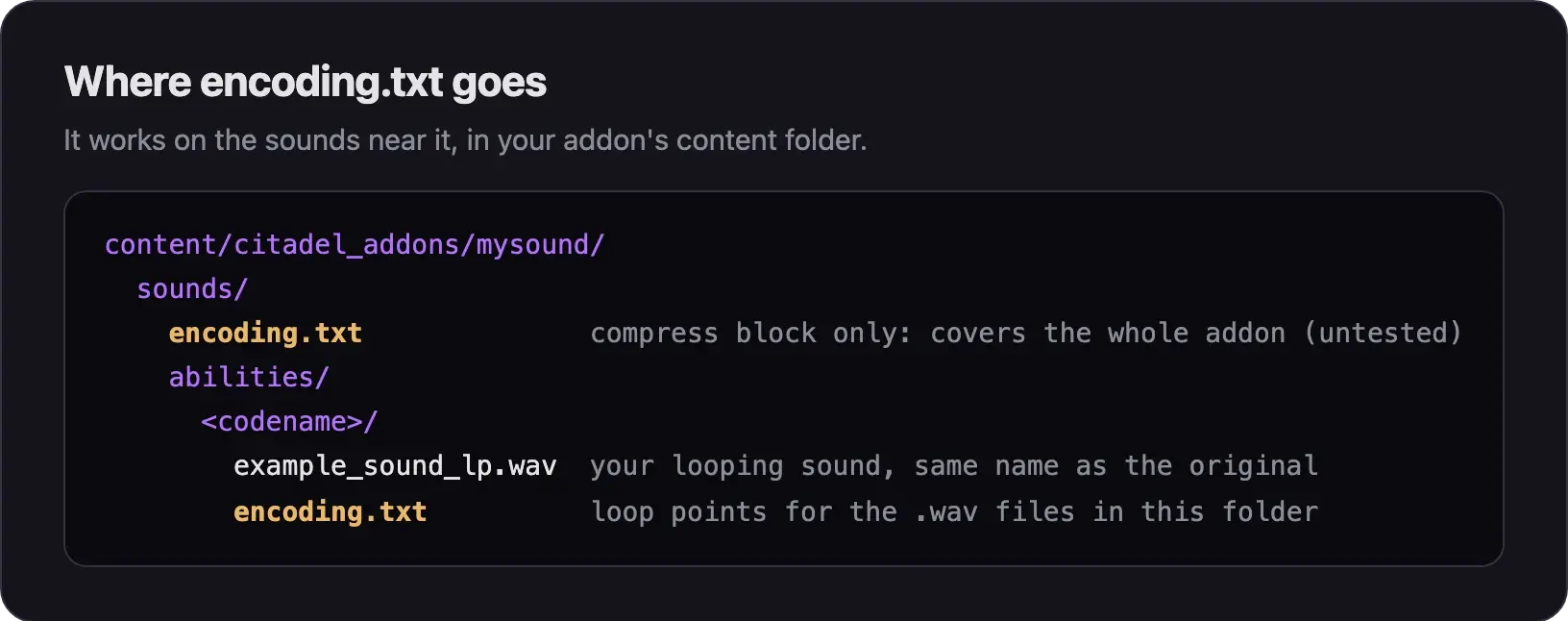 Addon folder tree: an encoding.txt with loop points sits next to the looping .wav file, and an optional encoding.txt with only a compress block sits in the sounds folder