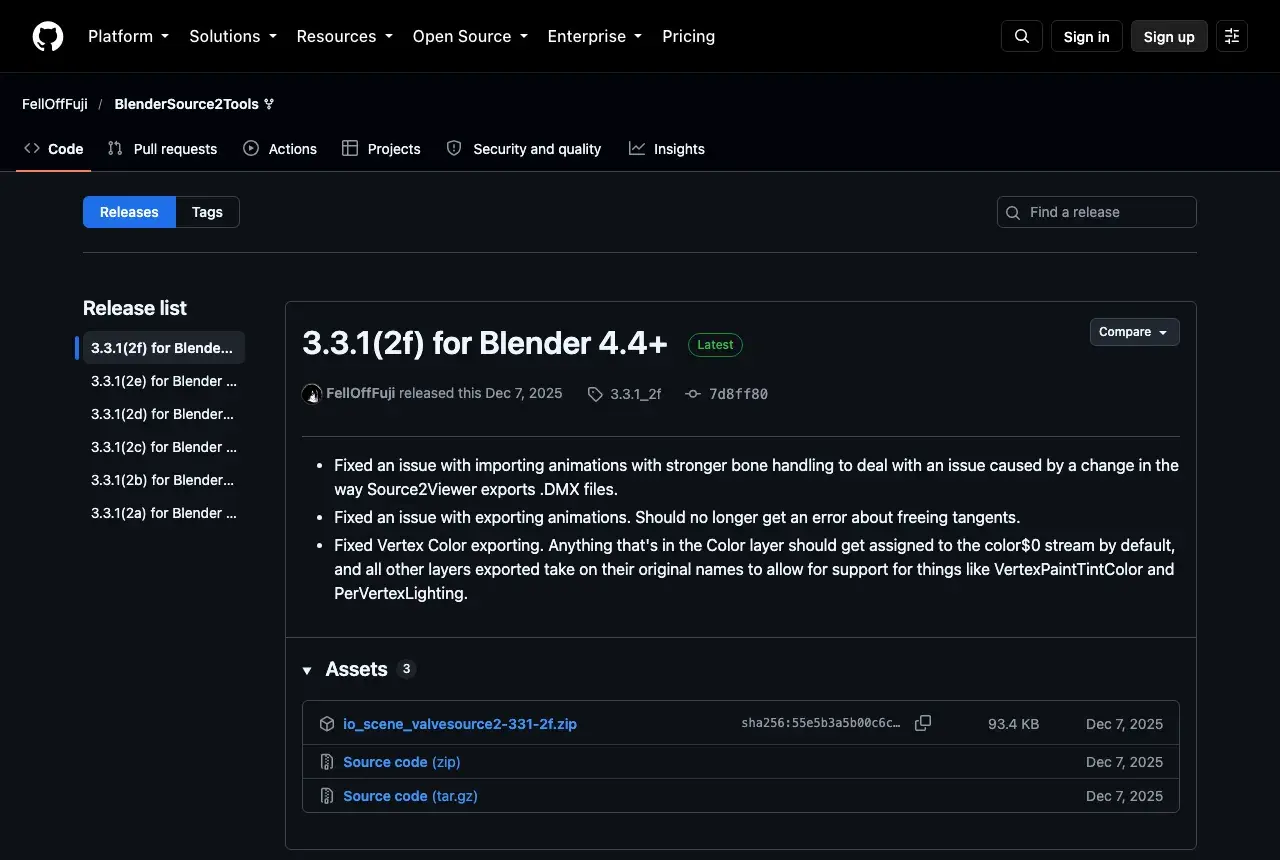 The BlenderSource2Tools releases page on GitHub, showing release 3.3.1(2f) for Blender 4.4+ and the io_scene_valvesource2 zip under Assets