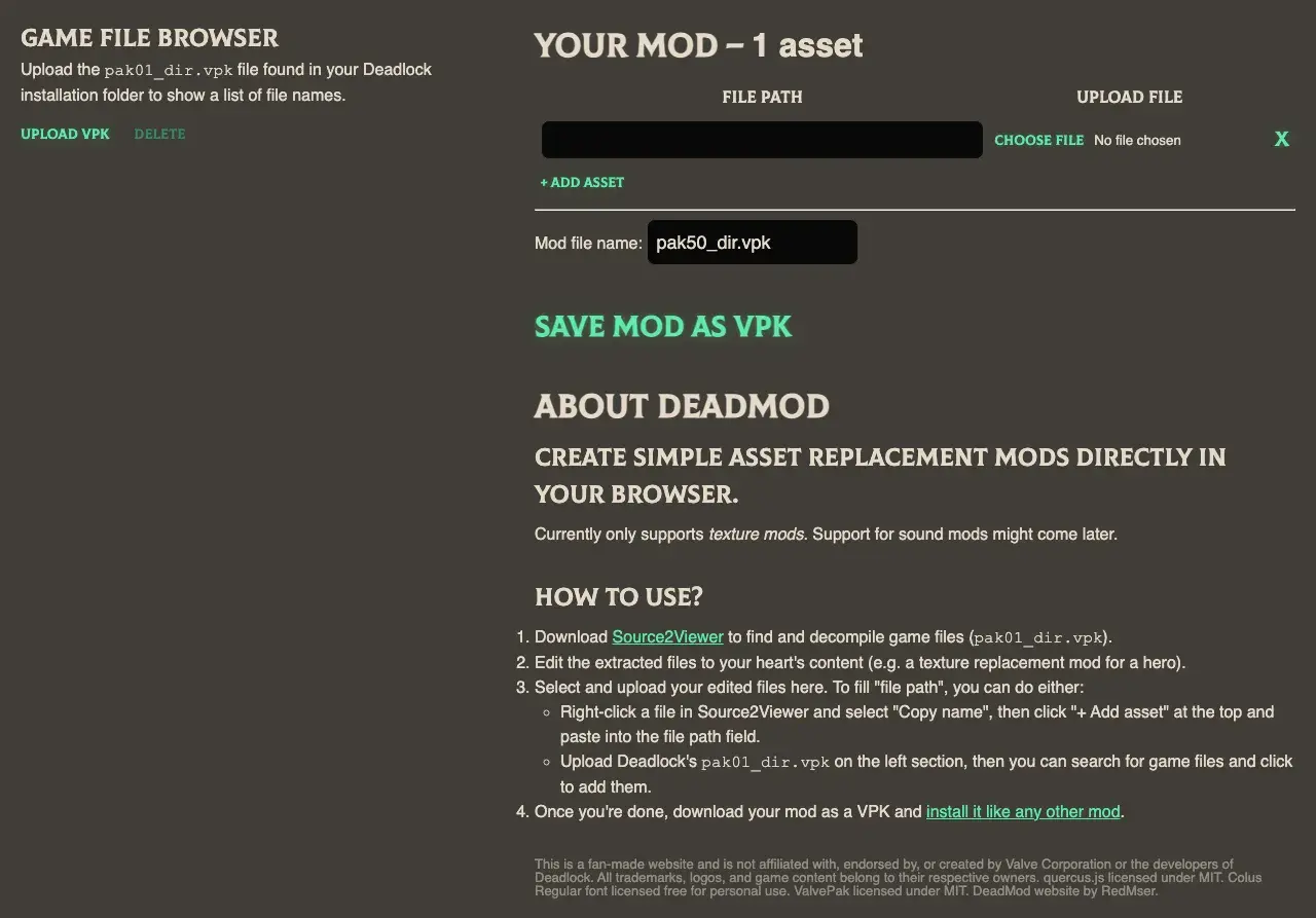 The DeadMod page with Upload VPK on the left, and on the right a file path row with Choose file, the Mod file name box set to pak50_dir.vpk, and Save mod as VPK