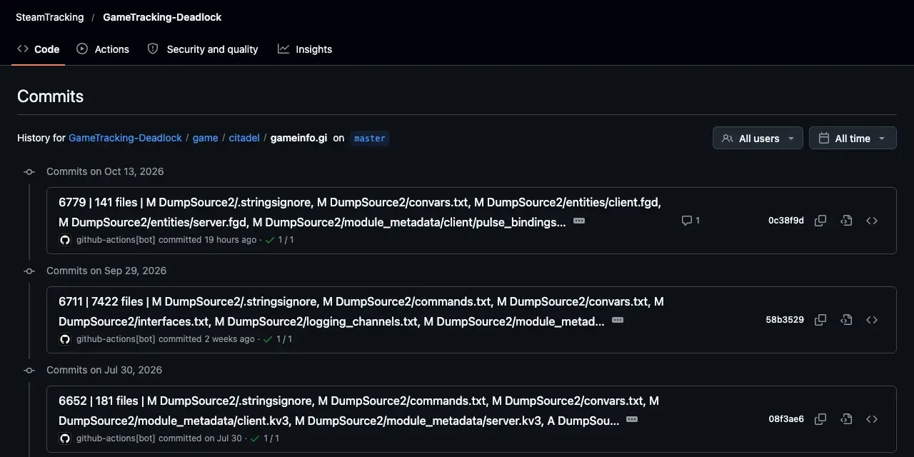 GameTracking-Deadlock on GitHub showing the commit history of gameinfo.gi, with builds 6779, 6711, and 6652