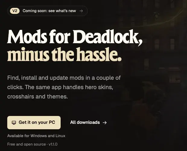 The deadlockmods.app home page with the Get it on your PC and All downloads buttons