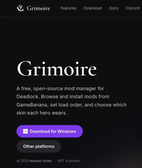 The grimoiremods.com home page with the Download for Windows and Other platforms buttons