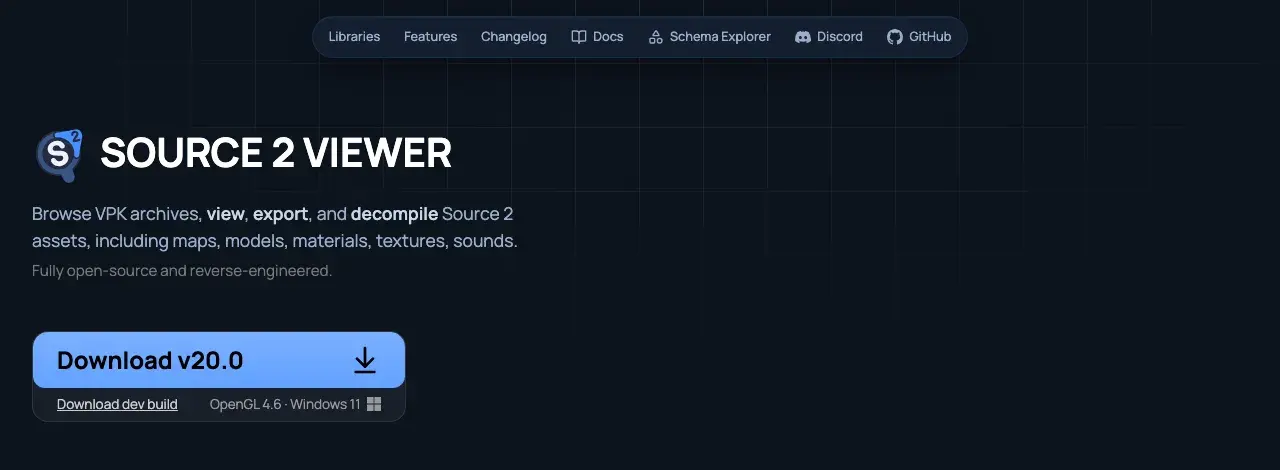 The s2v.app home page with the Download v20.0 button and the Download dev build link under it
