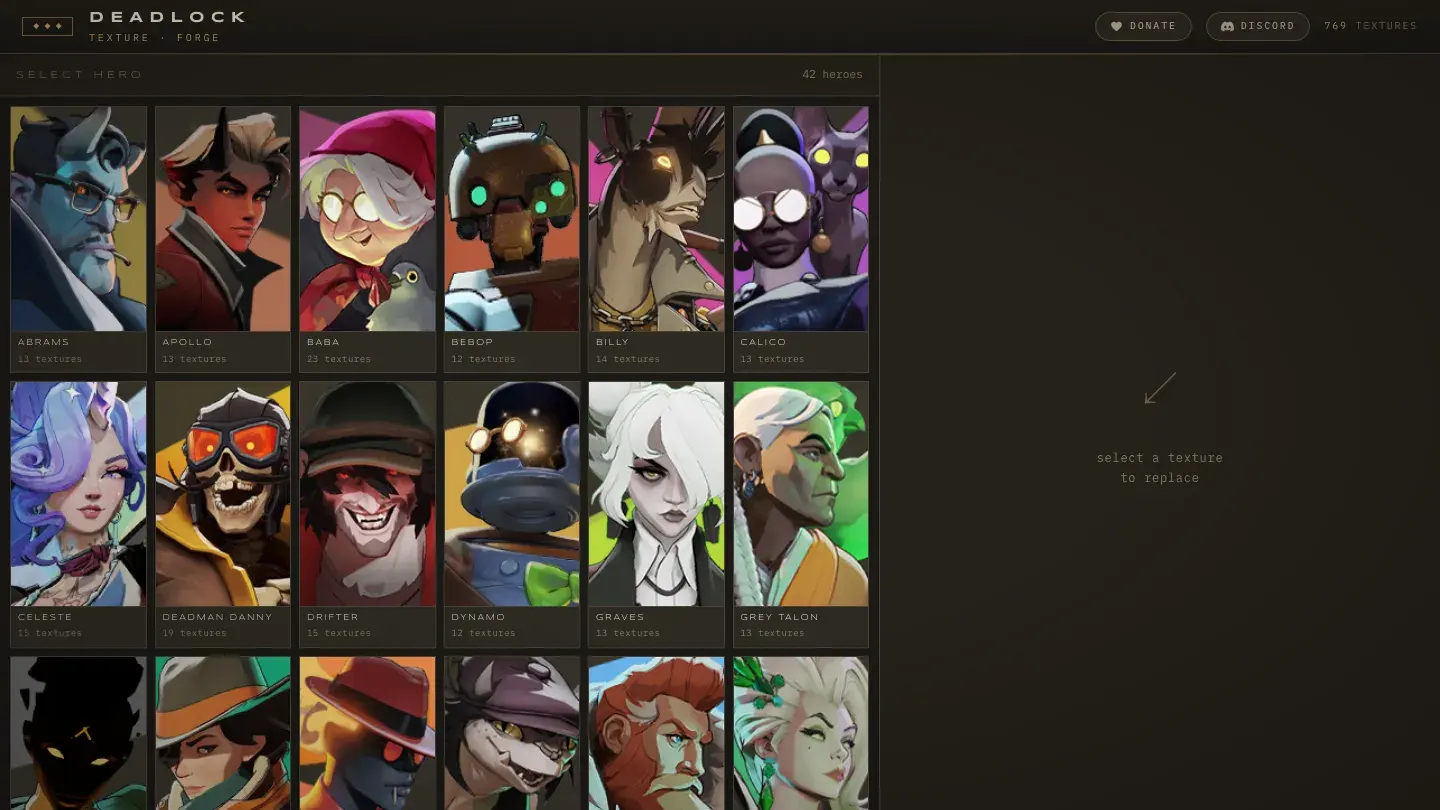 Texture Forge in the browser, with a grid of hero portraits under Select hero and a prompt to select a texture to replace