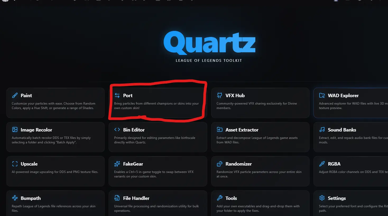 Ekran główny Quartz z zaznaczonym narzędziem Port