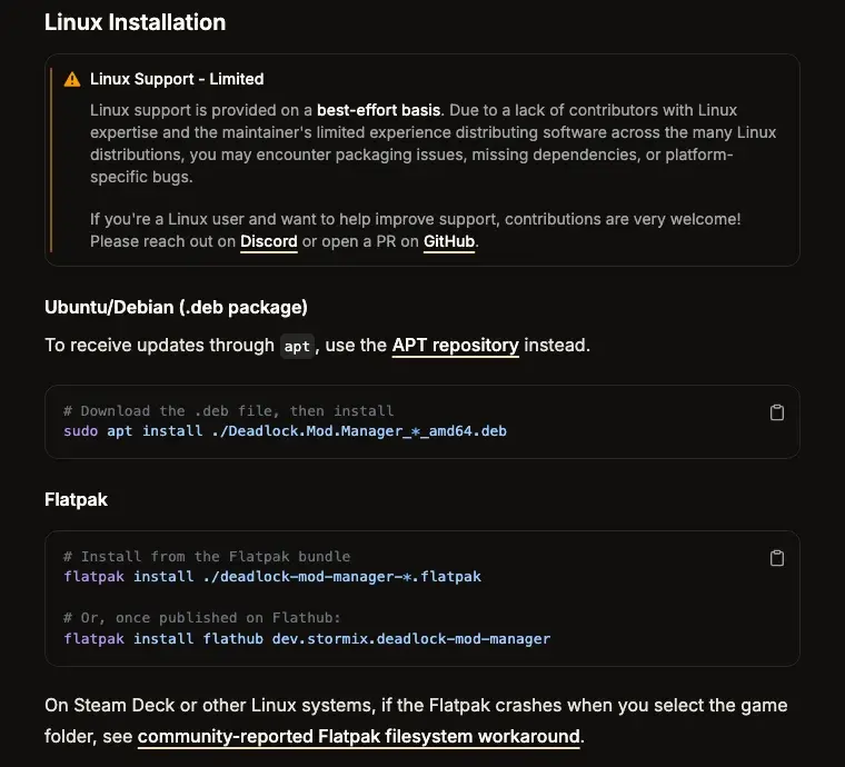 The Linux Installation section of the Deadlock Mod Manager docs, with the best-effort support note and the Flatpak install commands