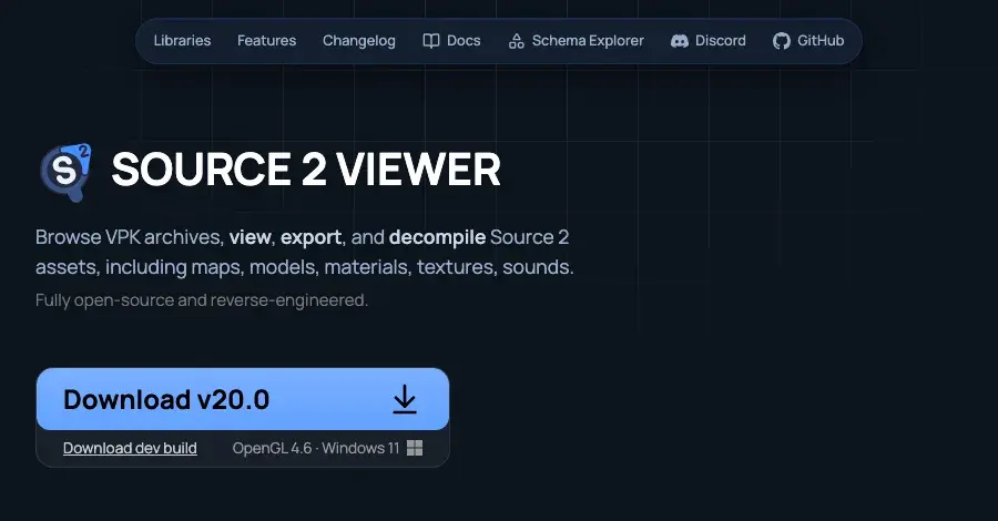 The s2v.app home page with the main Download button and the Download dev build link under it