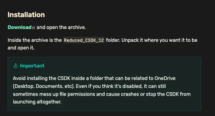 The Installation section of the CSDK 12 page on Deadlock Modding Notes, with the Download link and a warning about OneDrive folders