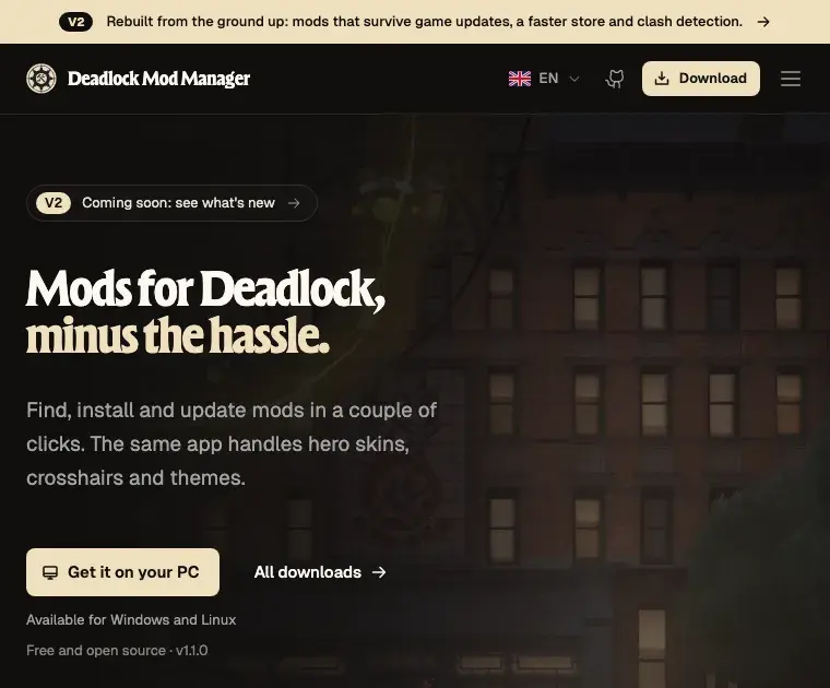 The deadlockmods.app home page with the Get it on your PC button and the Download button at the top
