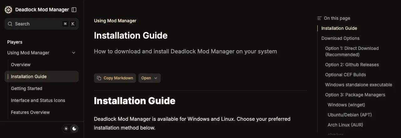 The Installation Guide page in the Deadlock Mod Manager docs, with the download options listed on the right