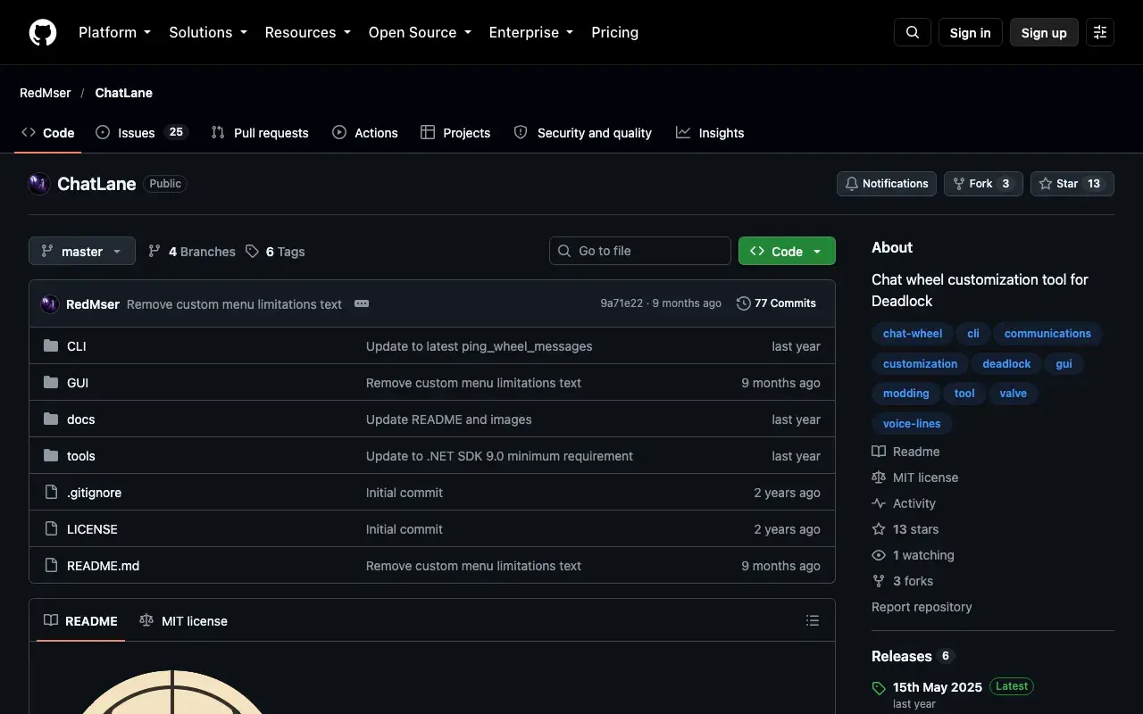 ChatLane's GitHub page, with the Releases section at the bottom right