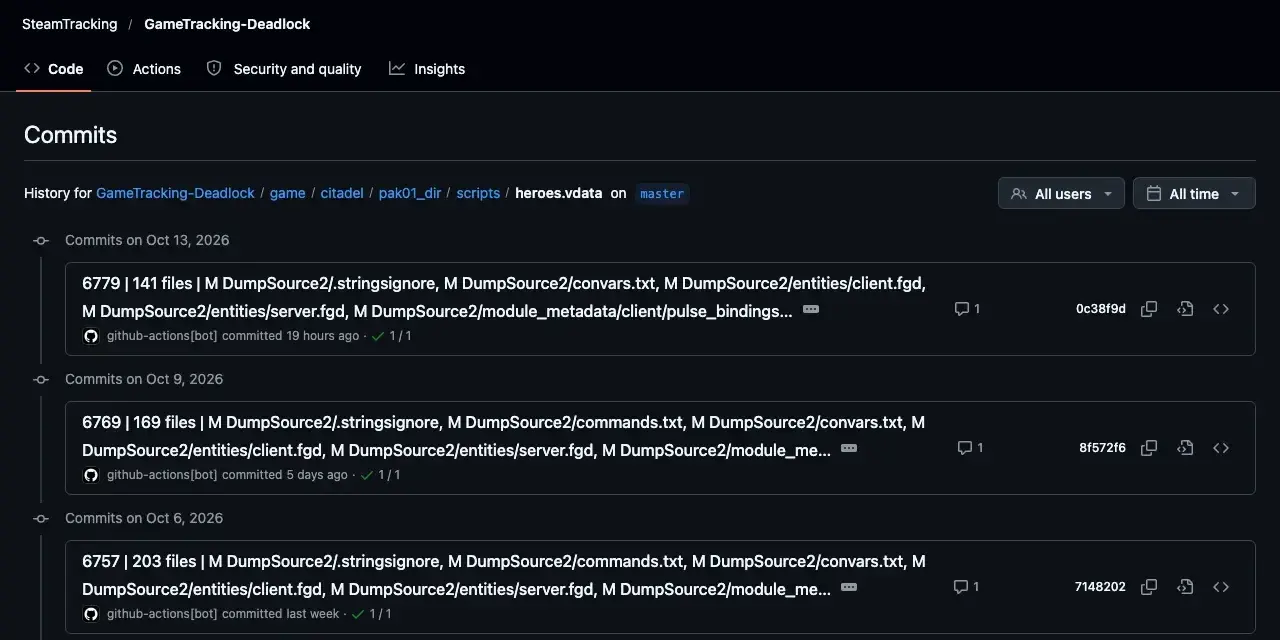 GameTracking-Deadlock on GitHub showing the history of heroes.vdata, with one commit per game build such as 6779 and 6769