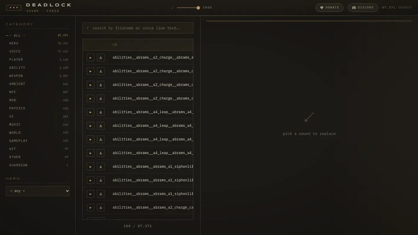 Sound Forge in the browser, with the Category list and Hero filter on the left, the sound list in the middle, and a prompt to pick a sound to replace