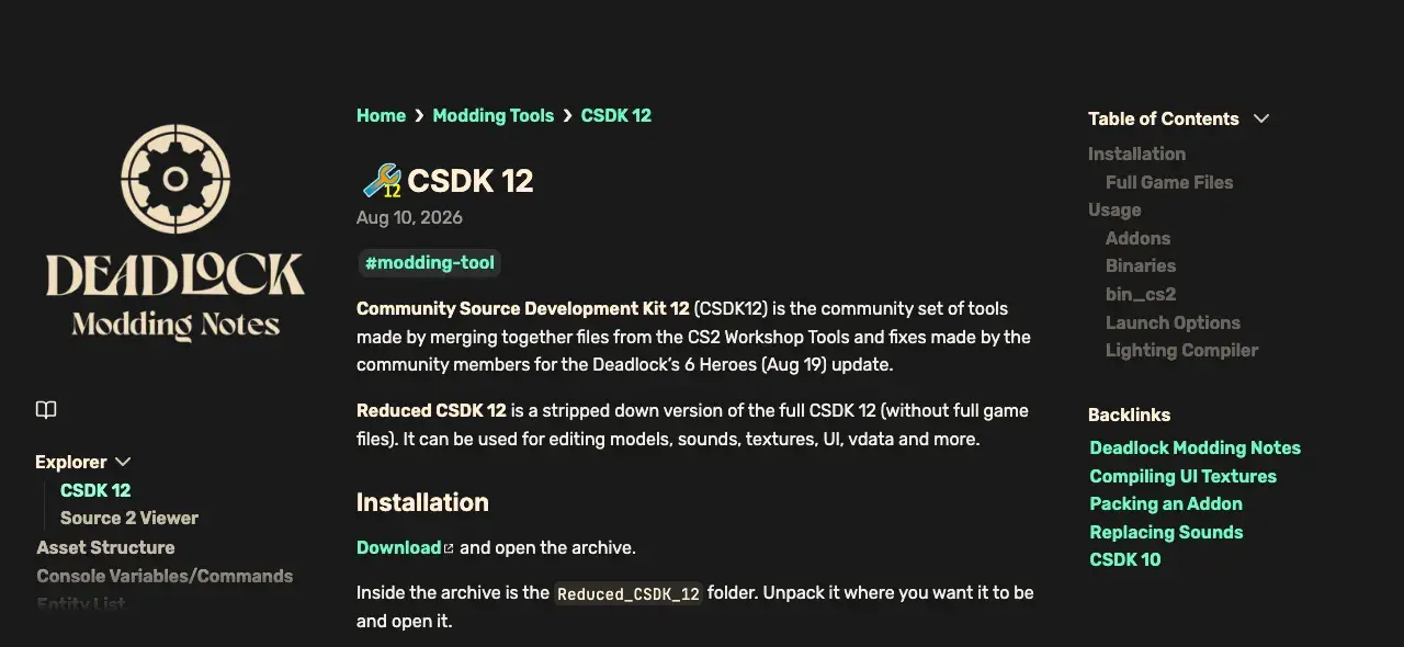 The CSDK 12 page on the Deadlock Modding Notes site, dated Aug 10, 2026, with the Download link under Installation