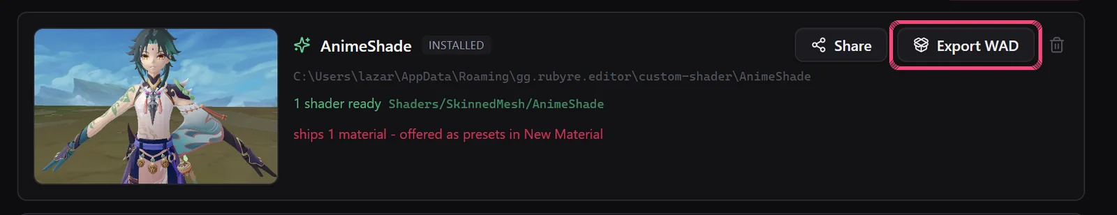 Nút Export WAD trên preset AnimeShade