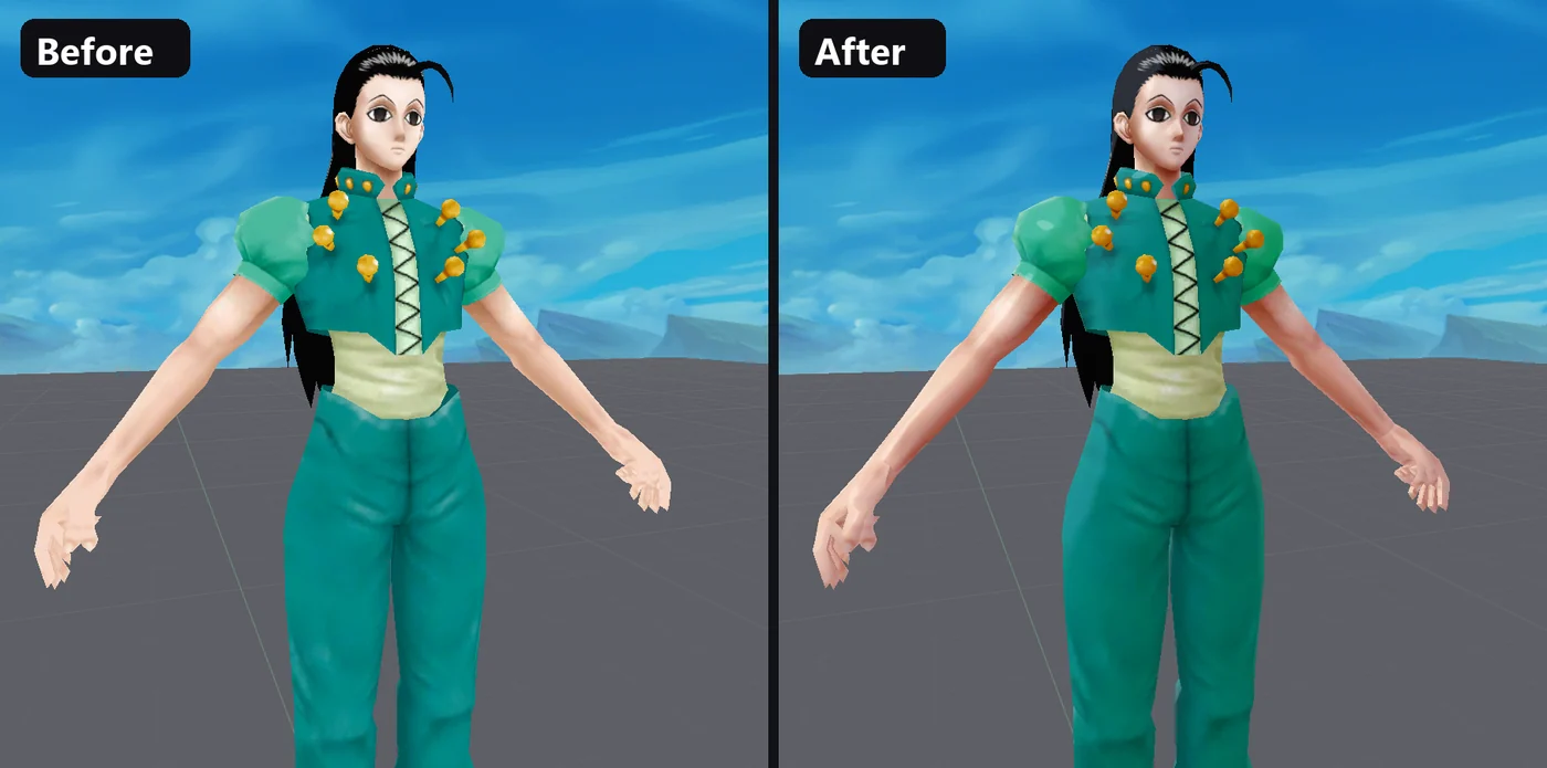 Skin Illumi Zoldyck Locke trước và sau khi thêm material shading