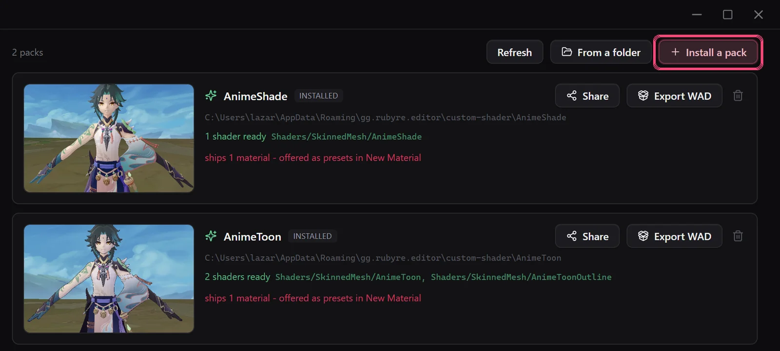 Tab Shaders của Ruby với nút Install a pack được đánh dấu