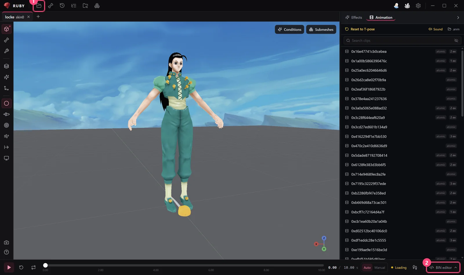 Ruby với nút Open BIN và BIN editor được đánh dấu