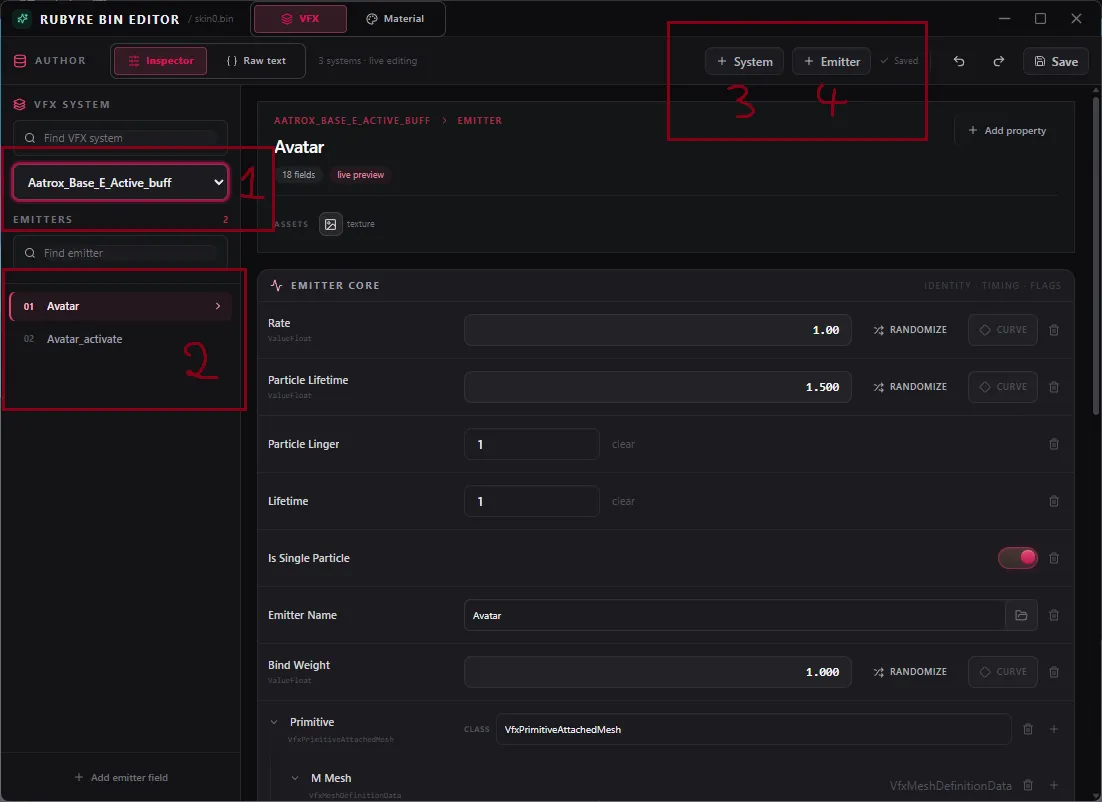 Bin Editor de Ruby, onglet VFX