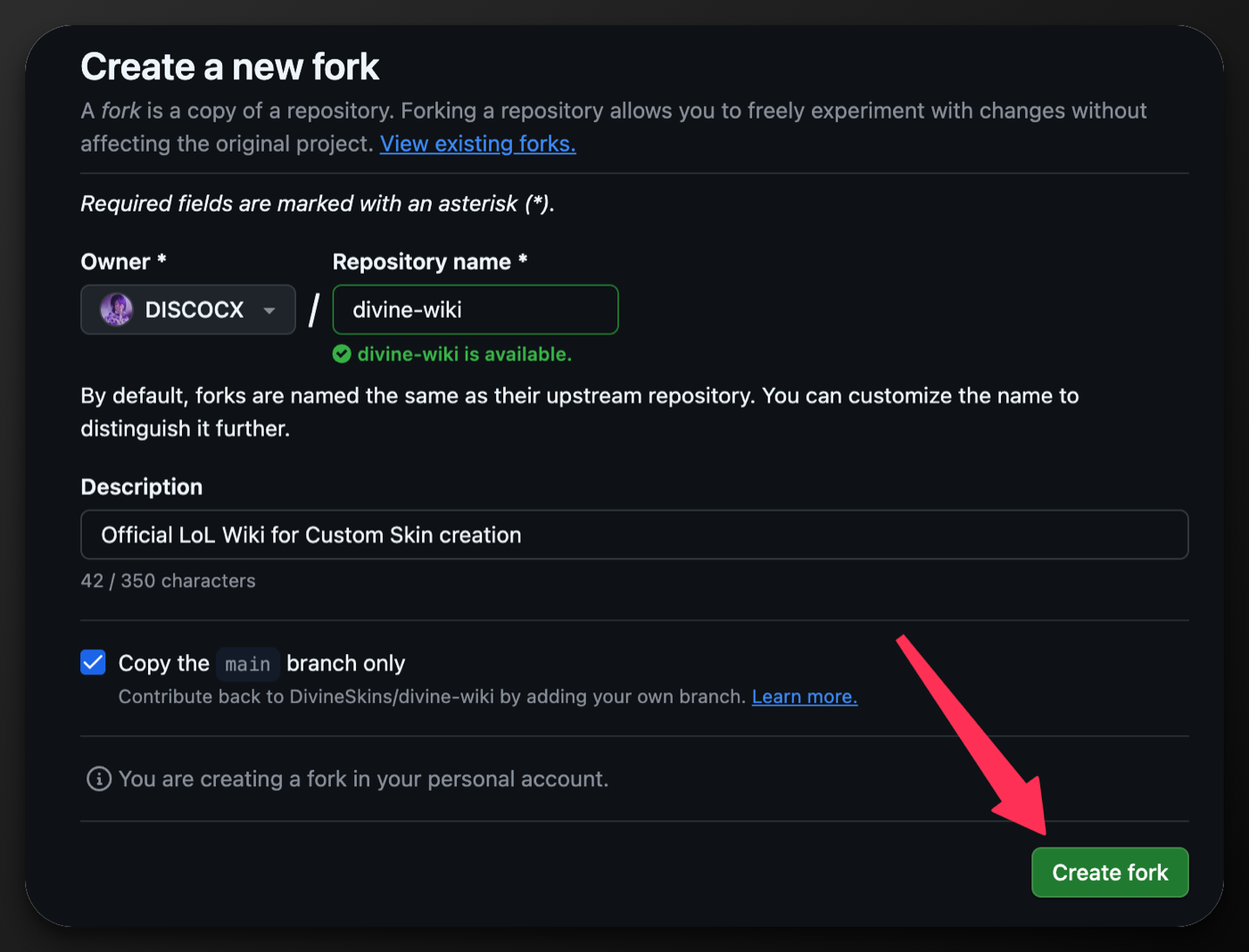 GitHub's Create a new fork page. An arrow points at the green Create fork button in the bottom right.