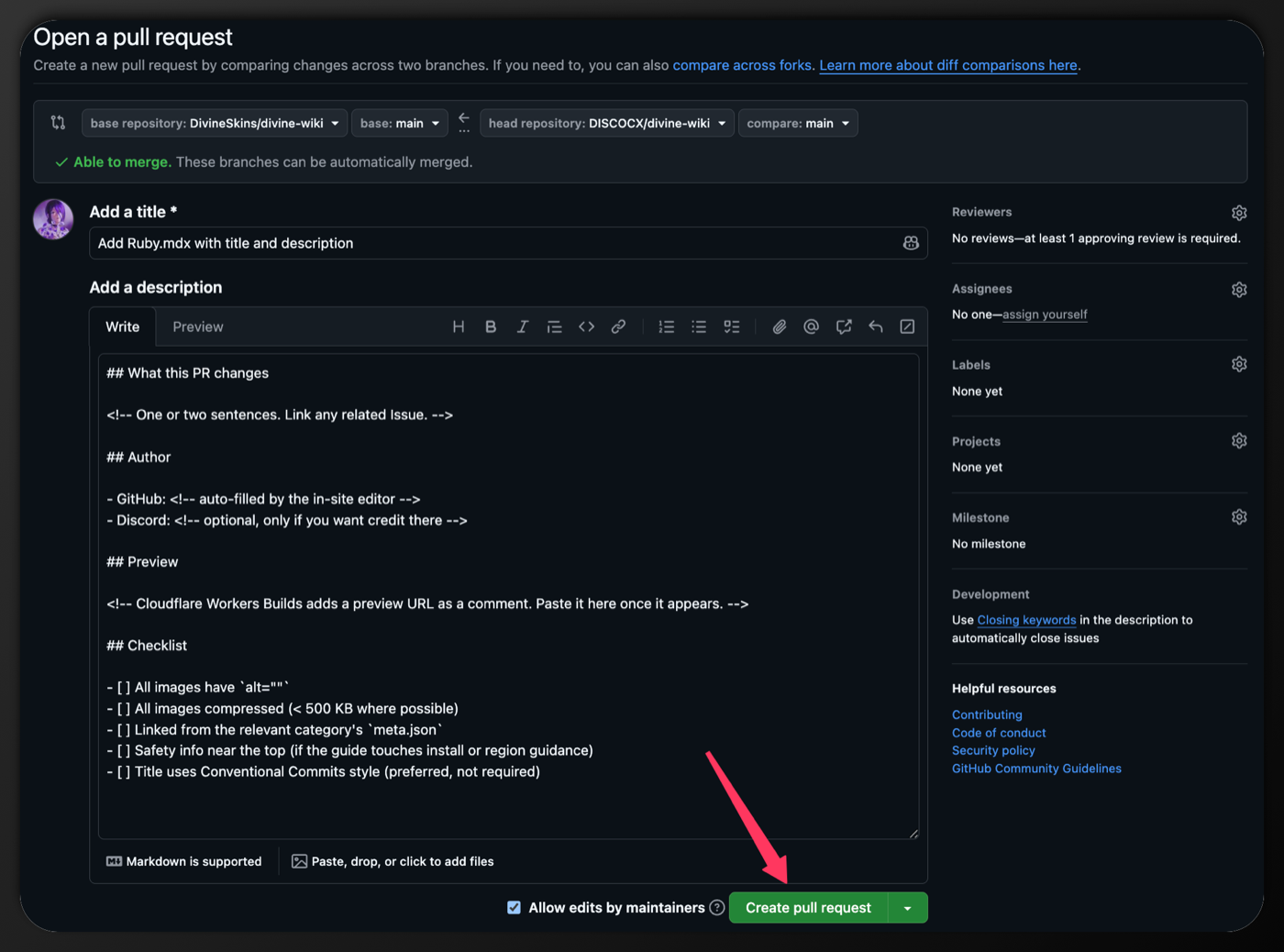 GitHub's Open a pull request page with the wiki's pull request form. An arrow points at the green Create pull request button.