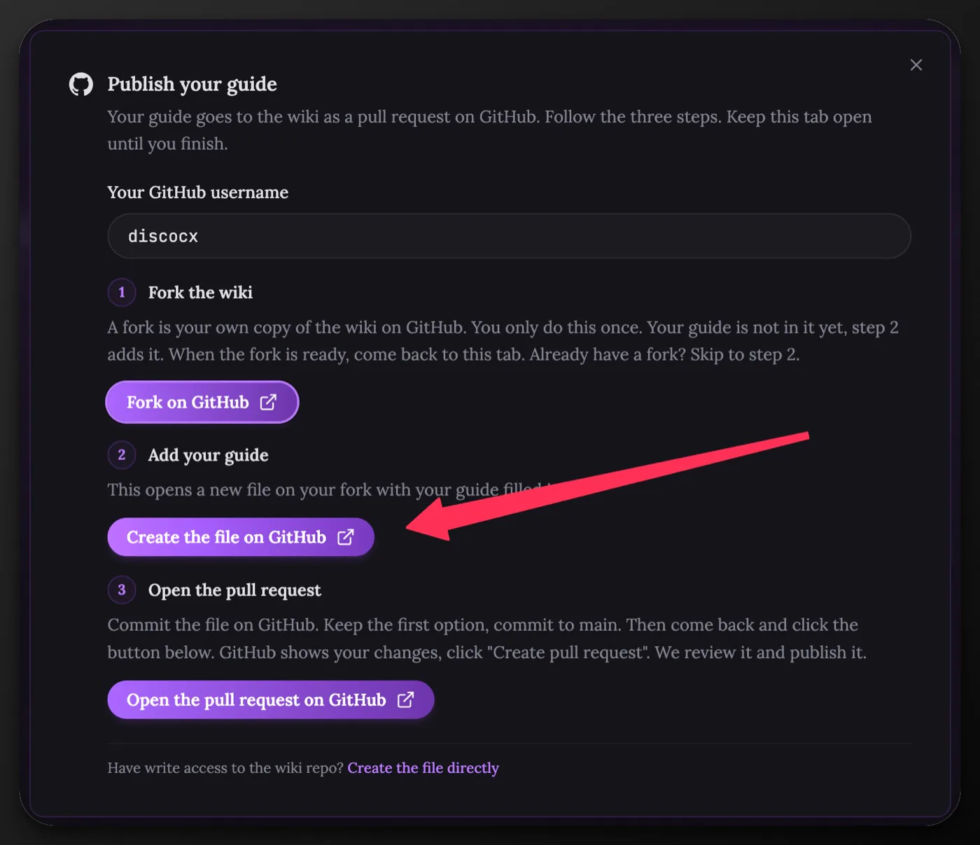 The Publish your guide window. An arrow points at the Create the file on GitHub button under step 2.