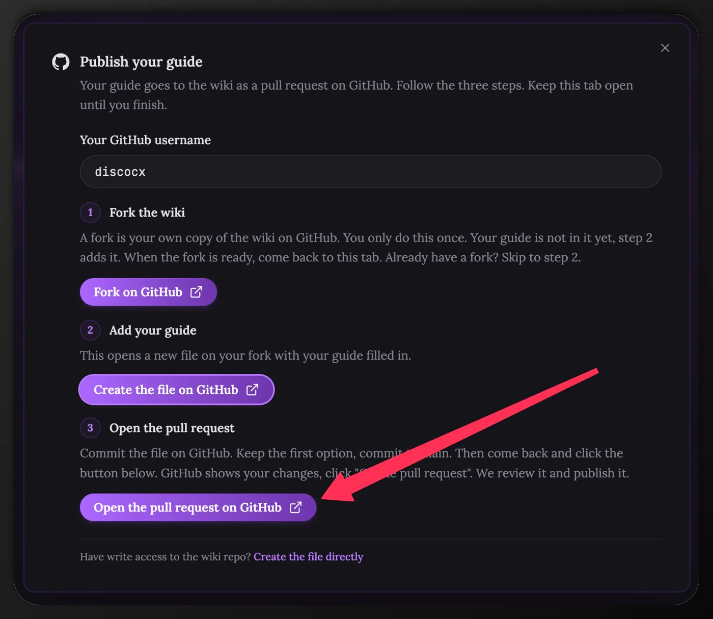 The Publish your guide window. An arrow points at the Open the pull request on GitHub button under step 3.