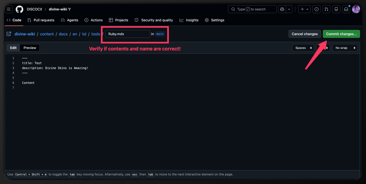 GitHub's new file editor with the guide filled in. The file name field is highlighted with the note to verify contents and name, and an arrow points at the Commit changes button.