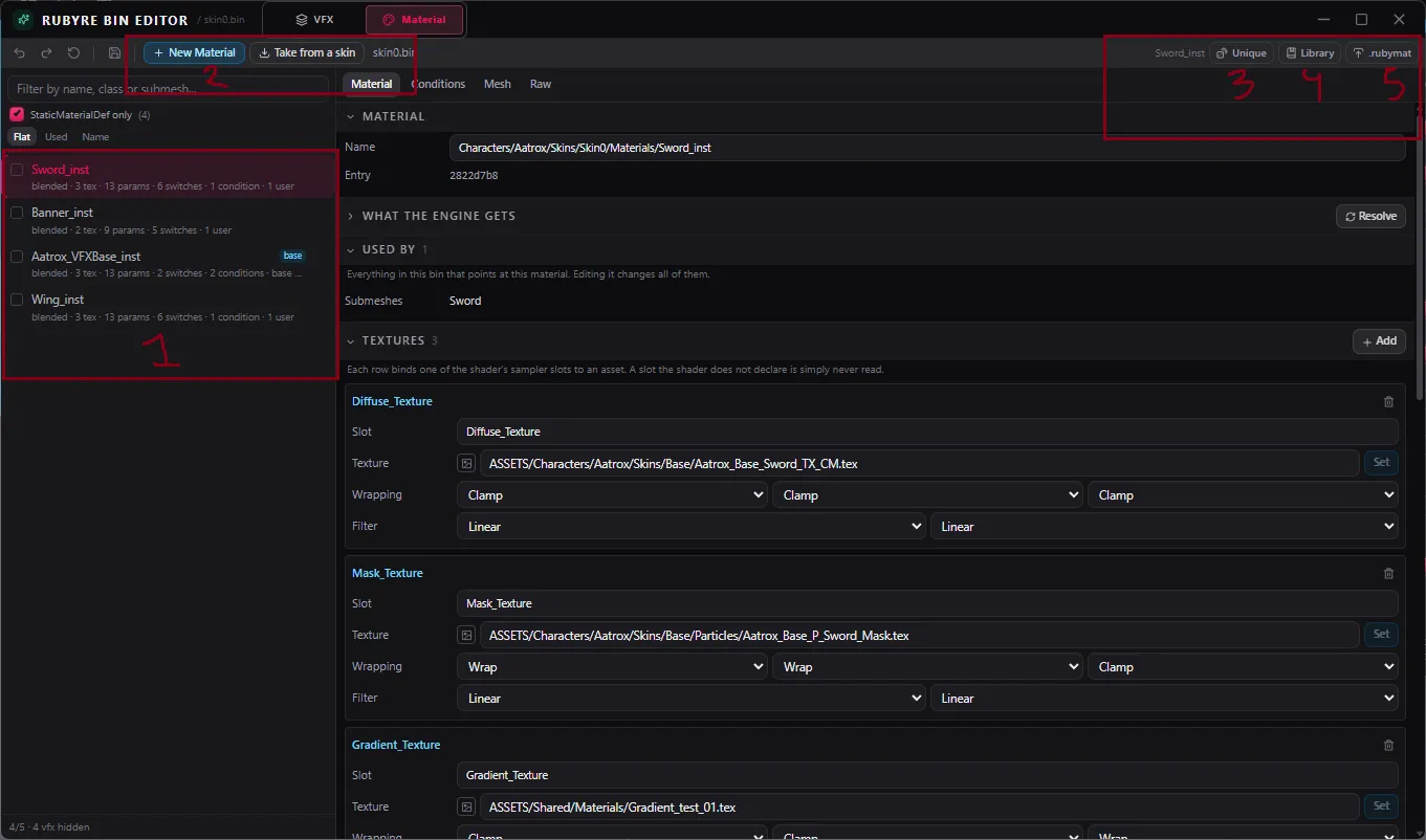Bin Editor de Ruby, onglet Material
