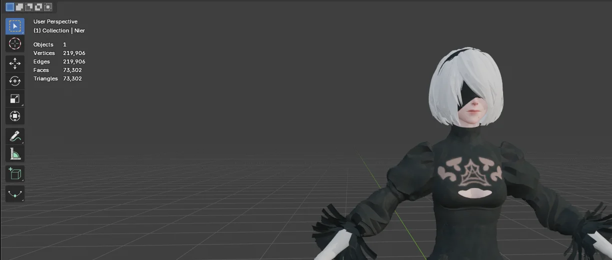 Blender'da istatistik katmanının 219.906 vertex gösterdiği bir 2B modeli