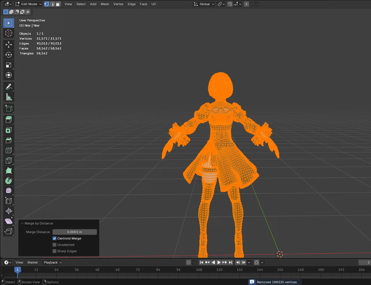 Merge by Distance sonrası 31.571 vertex'e düşen model ve Blender'ın 188.335 vertex silindi bildirimi