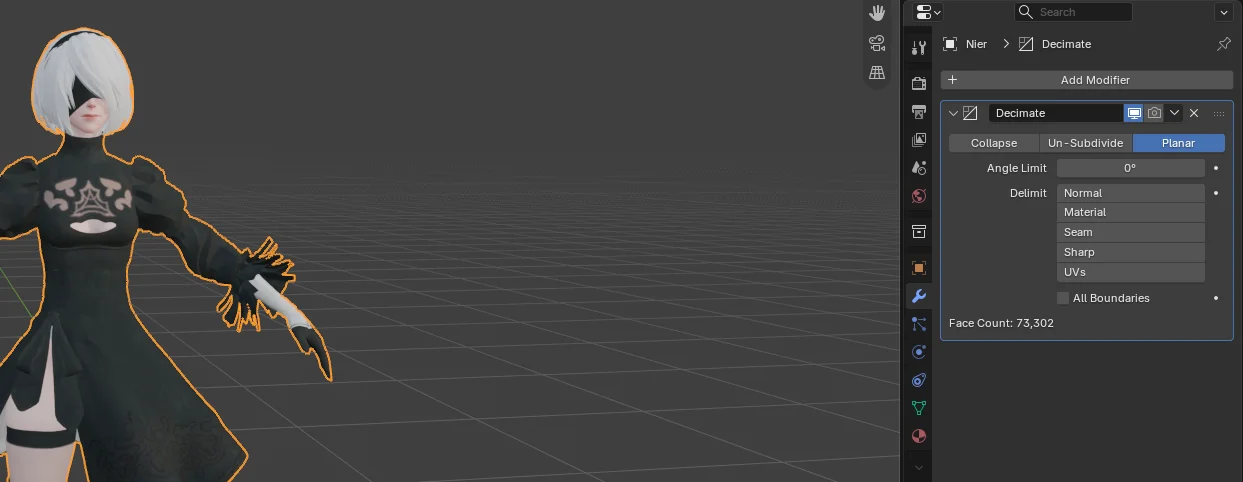 Angle Limit ve Delimit seçenekleriyle Planar modunda Decimate modifier'ı
