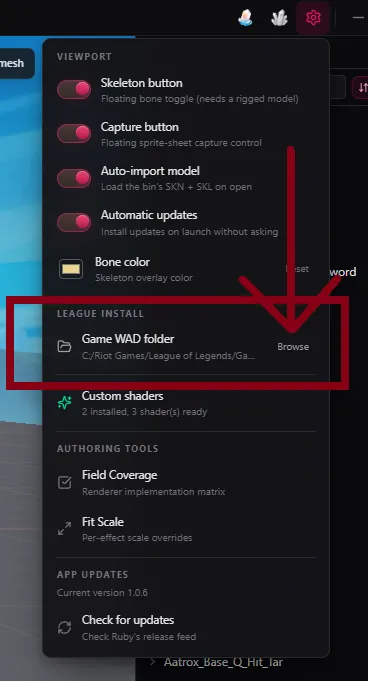 Settings de Ruby, chemin de l'install de League